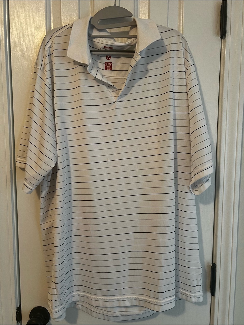 Antigua White Polo with Thin Navy Stripes